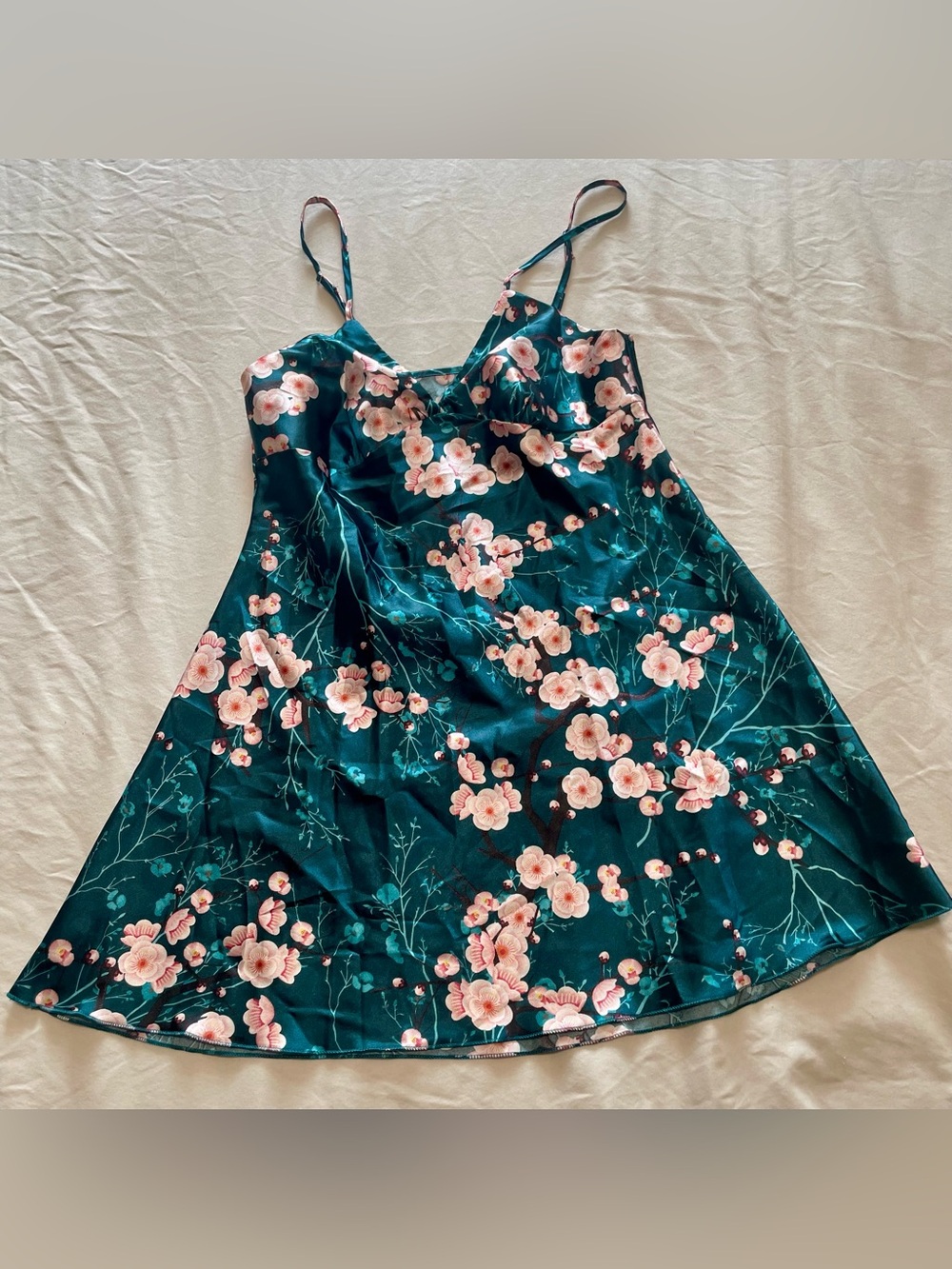 Floral Slip Nightgown - Teal with Pink Blossoms